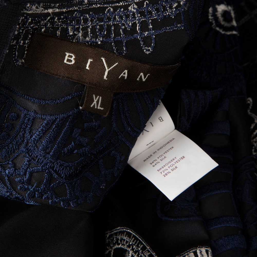 Biyan Navy Silk Embroidered Short Sleeve Blouse