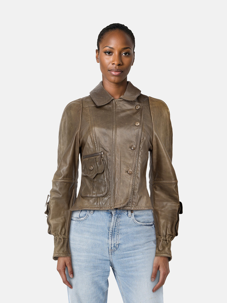 Fendi Khaki Leather Sleeve Pocket Jacket