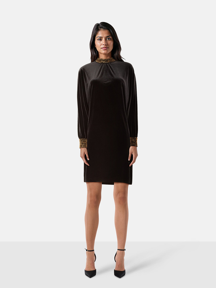 Saint Laurent Black Velvet Gold Beaded Dress