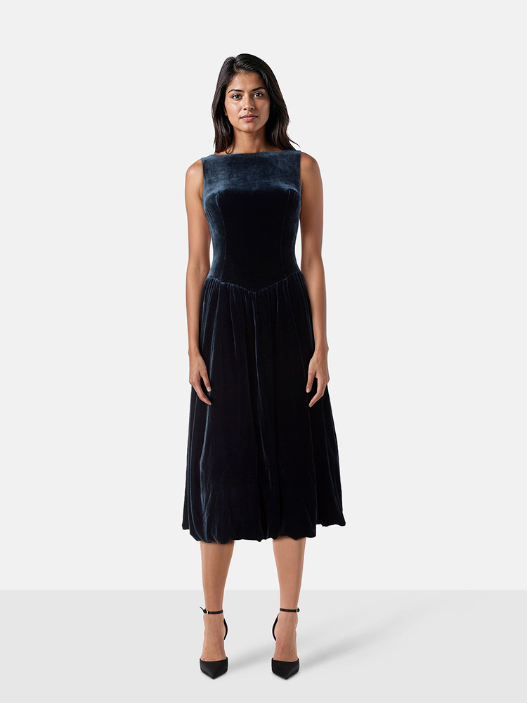 Reformation Navy Velvet Open Back Dress