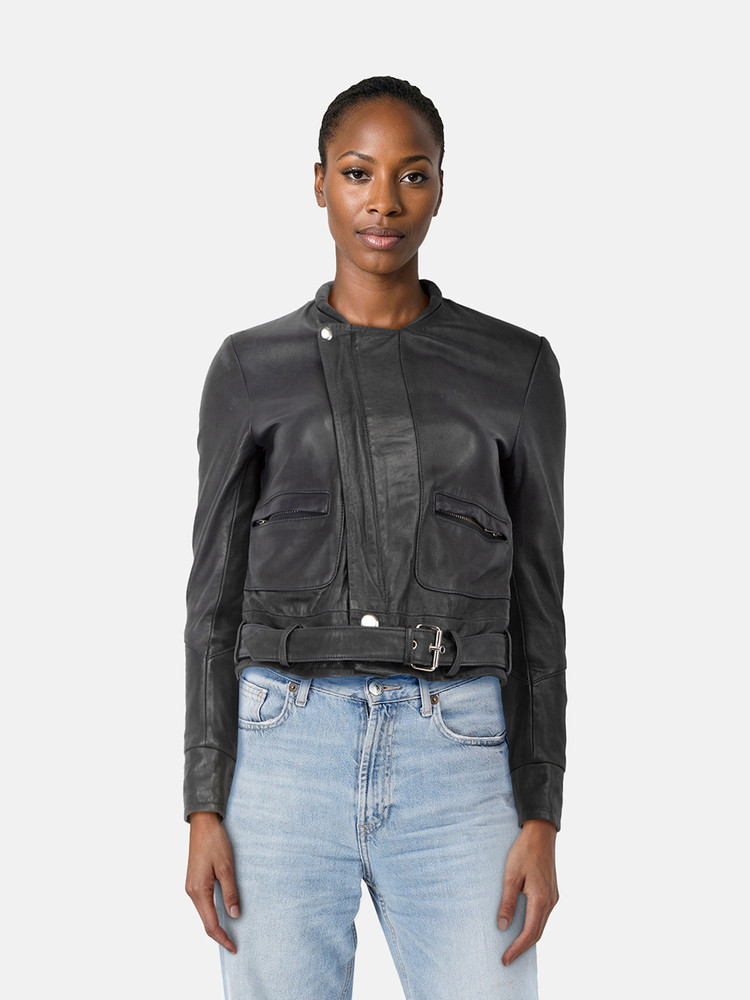 Maje Black Lamb Leather Belted Jacket