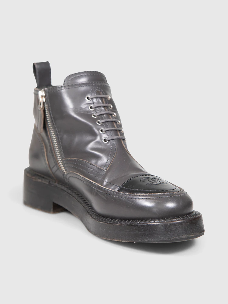 Chanel Grey Leather CC Ankle Boots