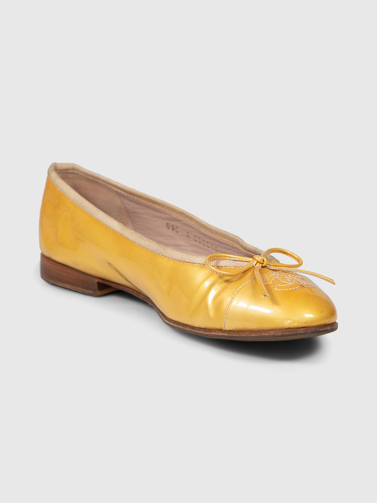 Chanel Gold Patent CC Cap Toe Ballet Flats