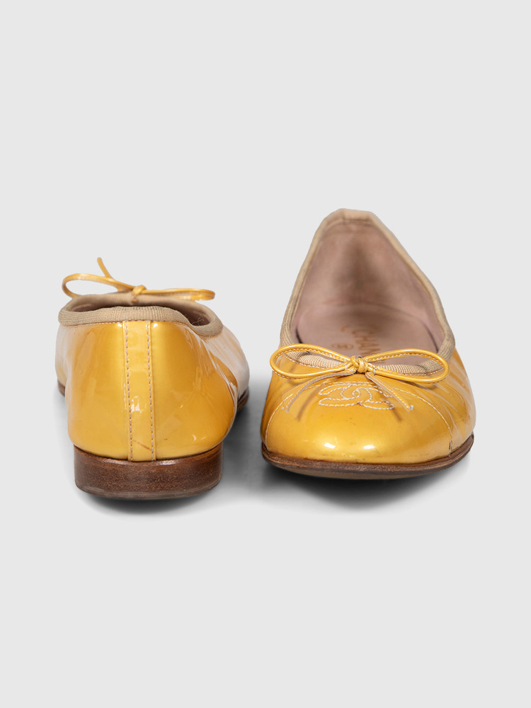 Chanel Gold Patent CC Cap Toe Ballet Flats