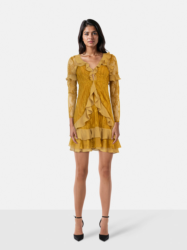 For Love & Lemons Yellow V-Neck Daphne Lace Dress