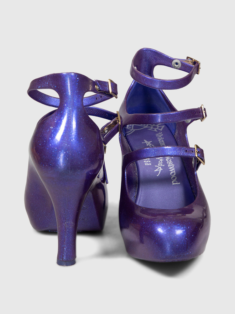 Vivienne Westwood Vivienne Westwood Anglomania + Melissa Purple Glitter Elevated Three Strap Heels