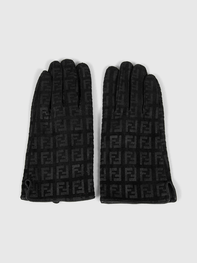 Fendi Black Suede Zucca Logo Gloves