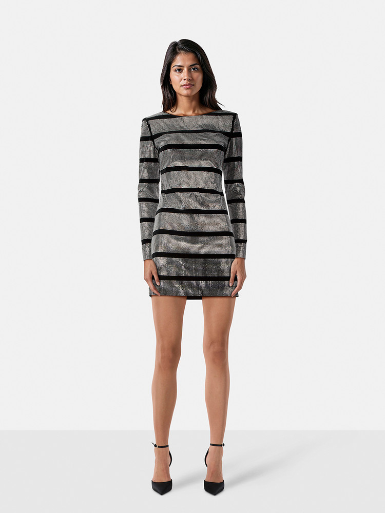 Balmain Silver Rhinestone Striped Mini Dress