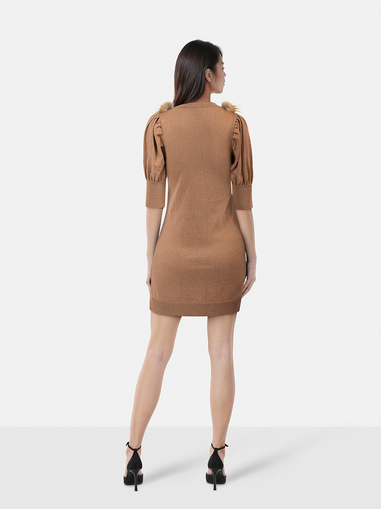 Fendi Brown Fur Trim Neckline Mini Dress
