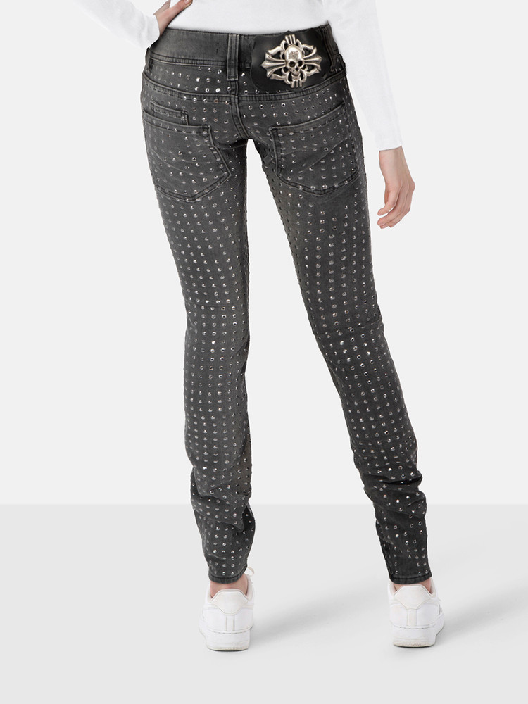 Philipp Plein Grey Rhinestone & Skull Skinny Jeans