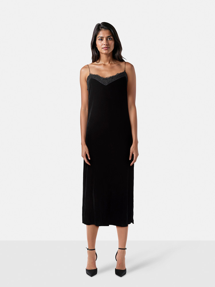 All Saints Black Velvet Noa Midi Dress