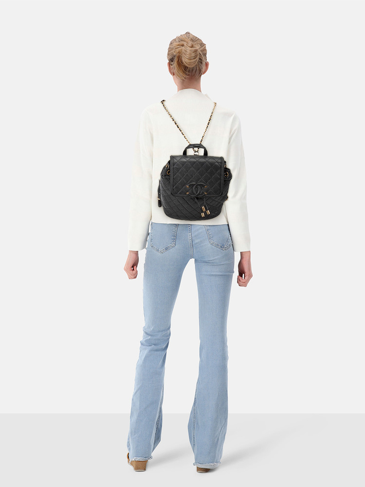 Chanel 2018 Black Caviar Leather Filigree Backpack