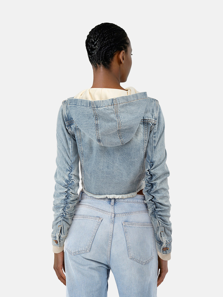 Alice + Olivia Blue Ruched Sleeve Denim Jacket