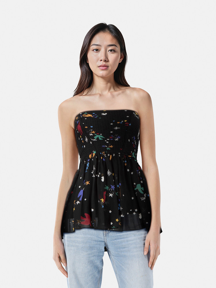 Maje Black Abstract Ruched Strapless Top