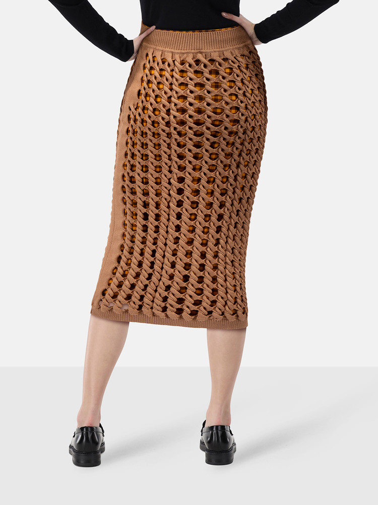 Fendi Brown Knit Gingham Lined Midi Skirt