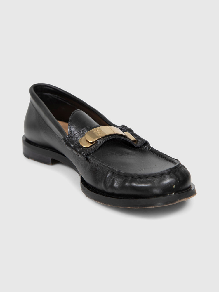 Dear Frances Black Leather Gold Buckle Loafers