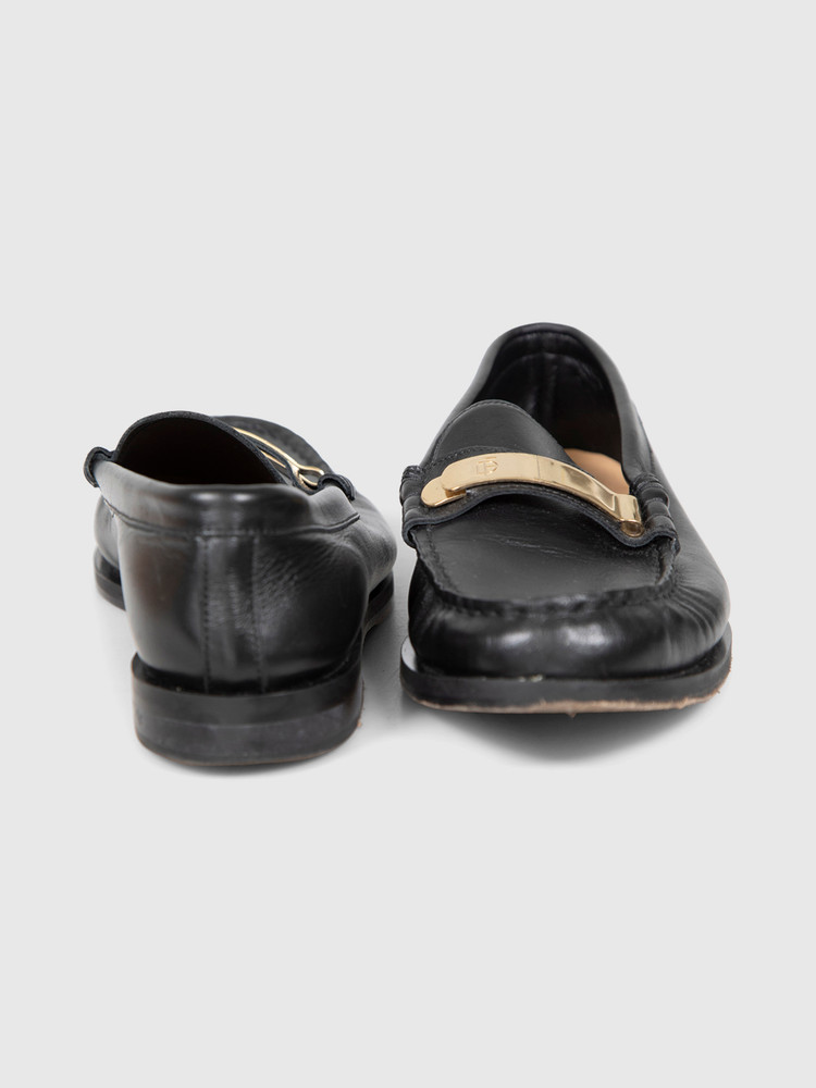 Dear Frances Black Leather Gold Buckle Loafers