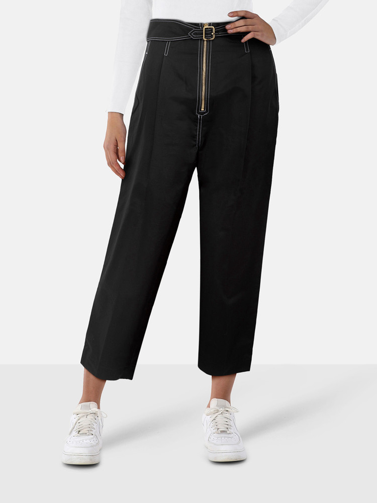 Sandro Black Contrast Stitch Belted Trousers