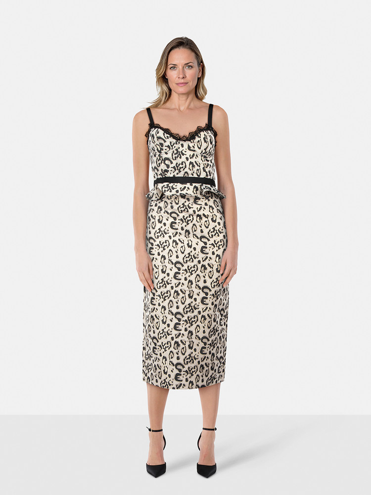 V. Chapman Leopard Jacquard Corset Midi Dress