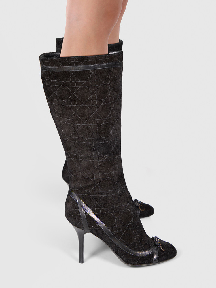 Dior Black Suede Cannage Logo Charm Knee Boots