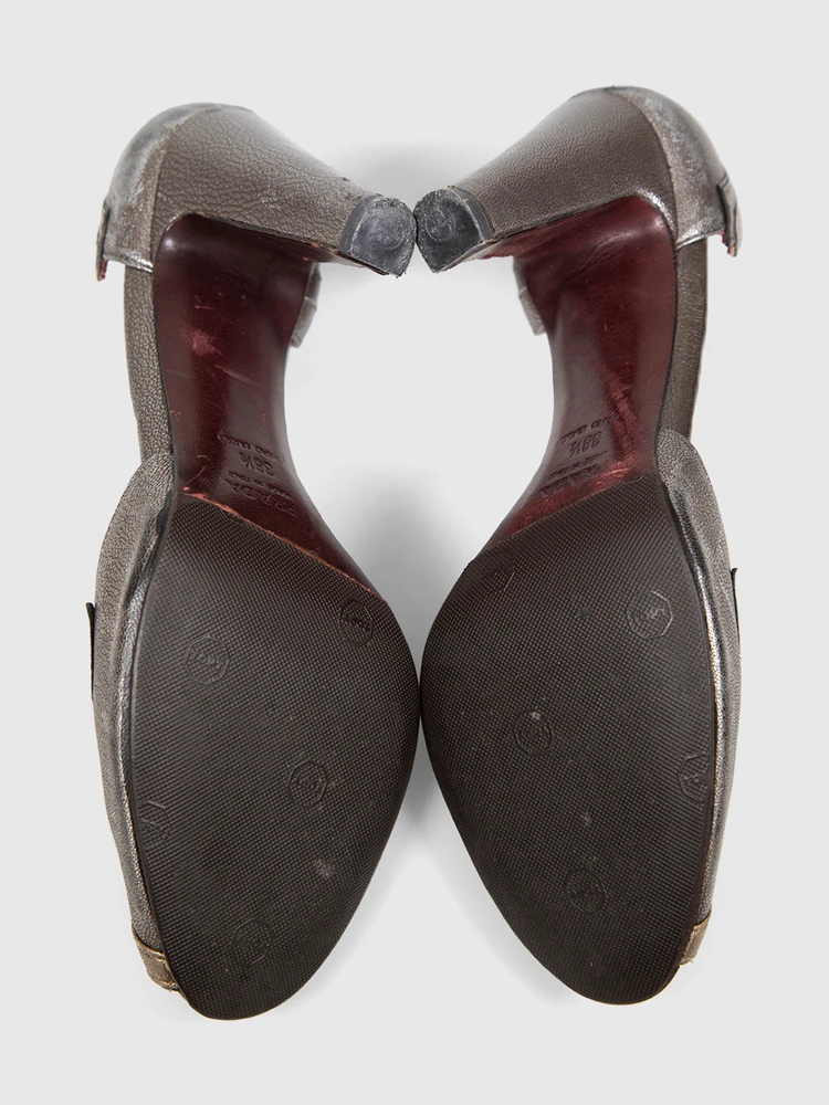 Prada Silver Leather Peep Toe Heels