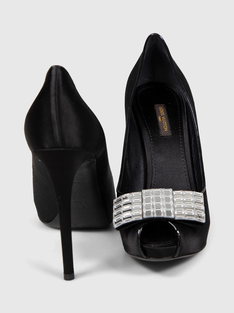 Louis Vuitton Black Satin Mirror Bow Heels