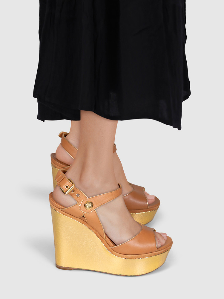 Louis Vuitton Brown & Gold Leather Wedge Sandals