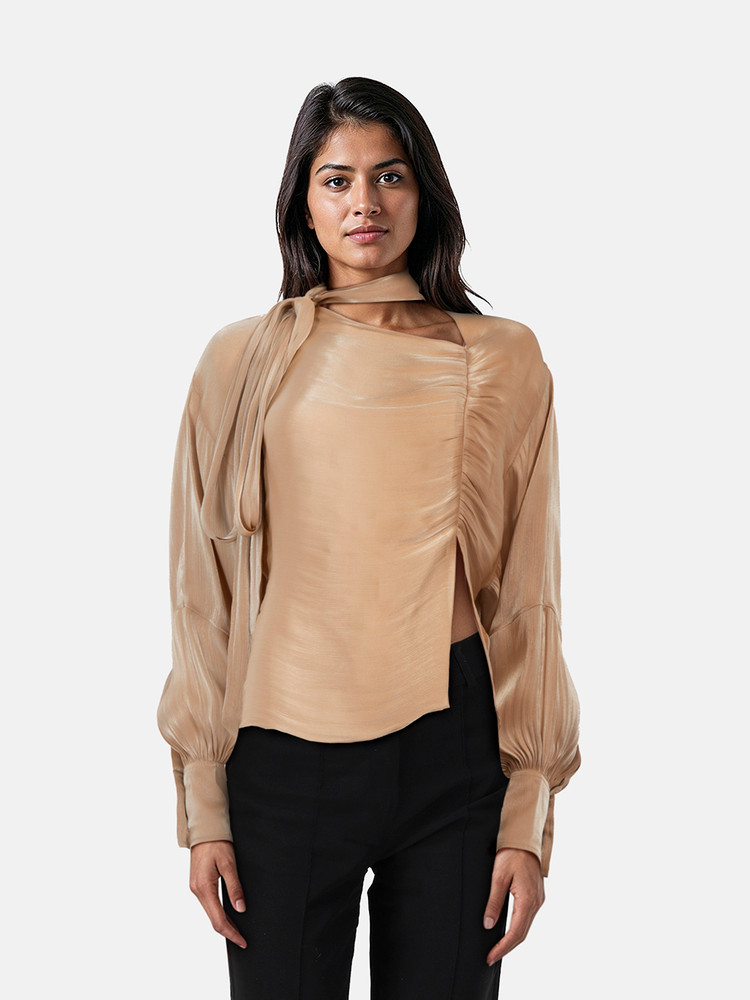 Victoria Beckham Beige Satin Long Sleeve Blouse