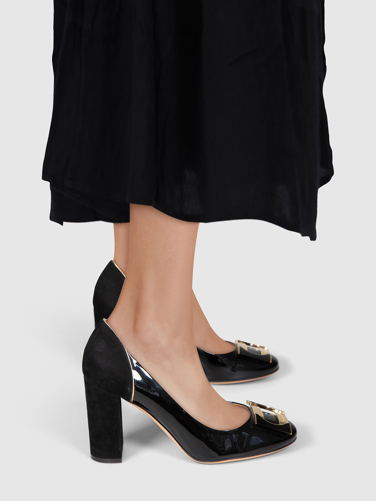 Salvatore Ferragamo Black Patent Buckled Pumps