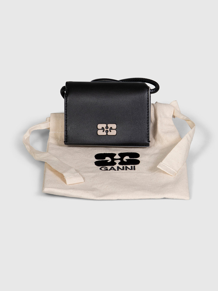 Ganni Black Leather Bou Wallet on Strap