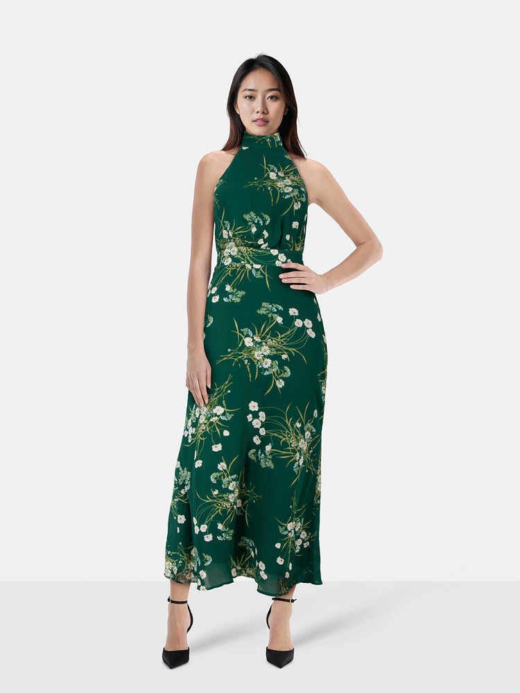 Reformation Green Floral Halter-Neck Midi Dress