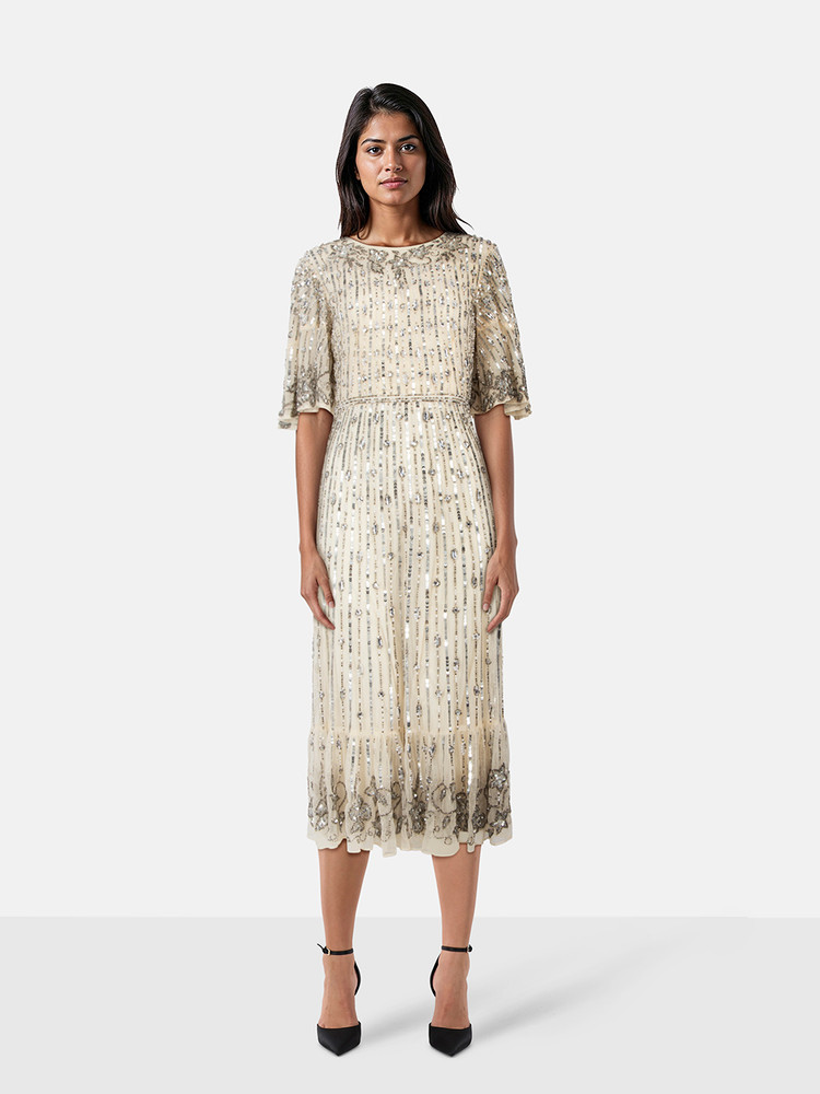 Mac Duggal Silver Embellished Midi Dress