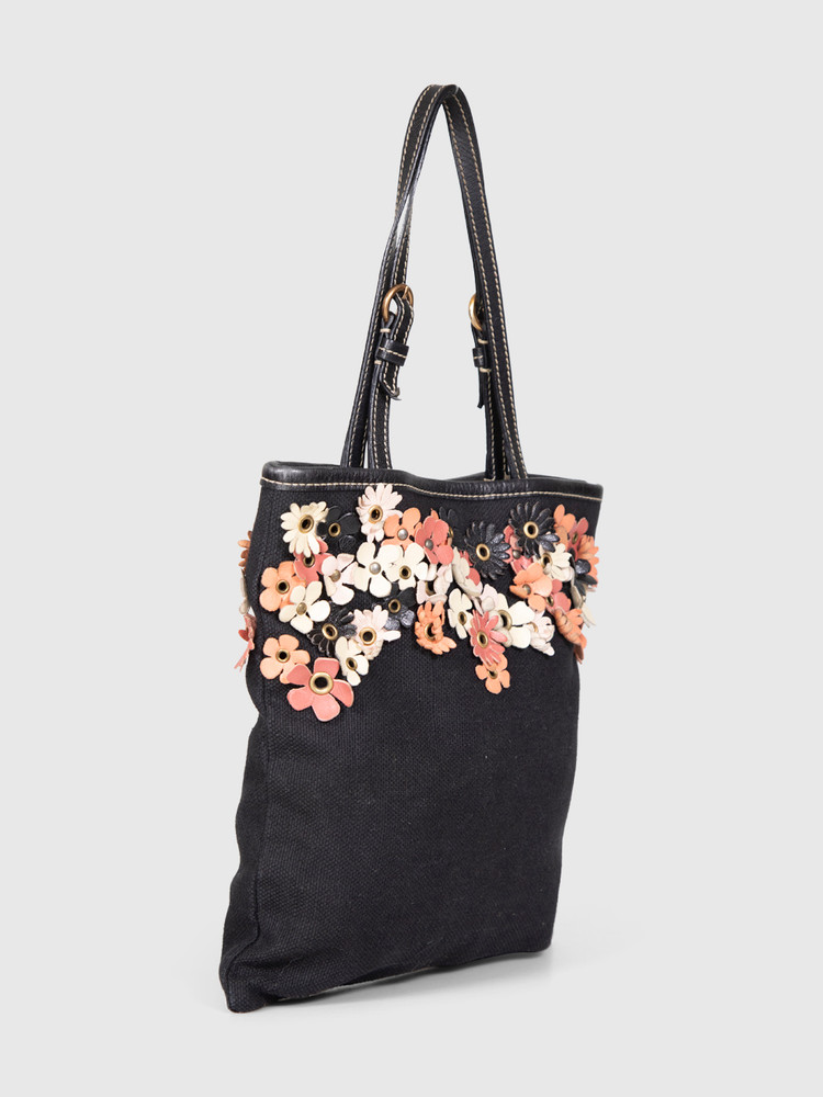 Miu Miu Black Floral Eyelets Tote Bag