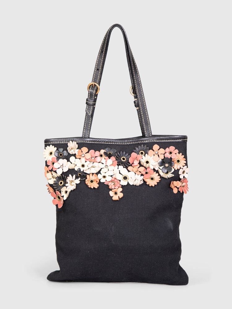 Miu Miu Black Floral Eyelets Tote Bag