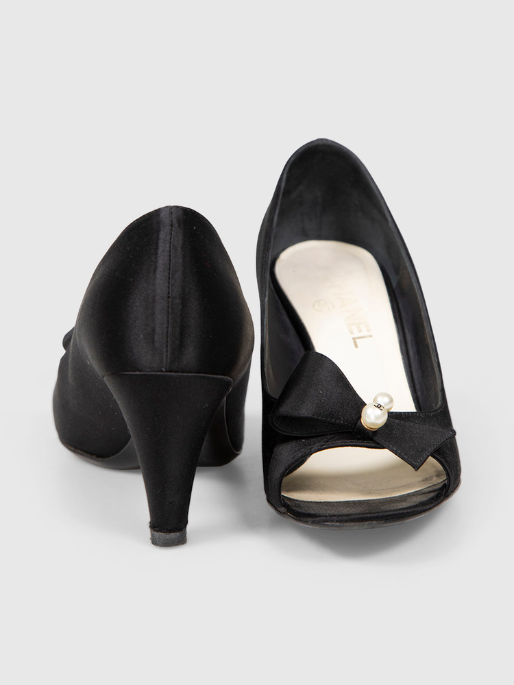Chanel Black Satin Pearl Detail Heels