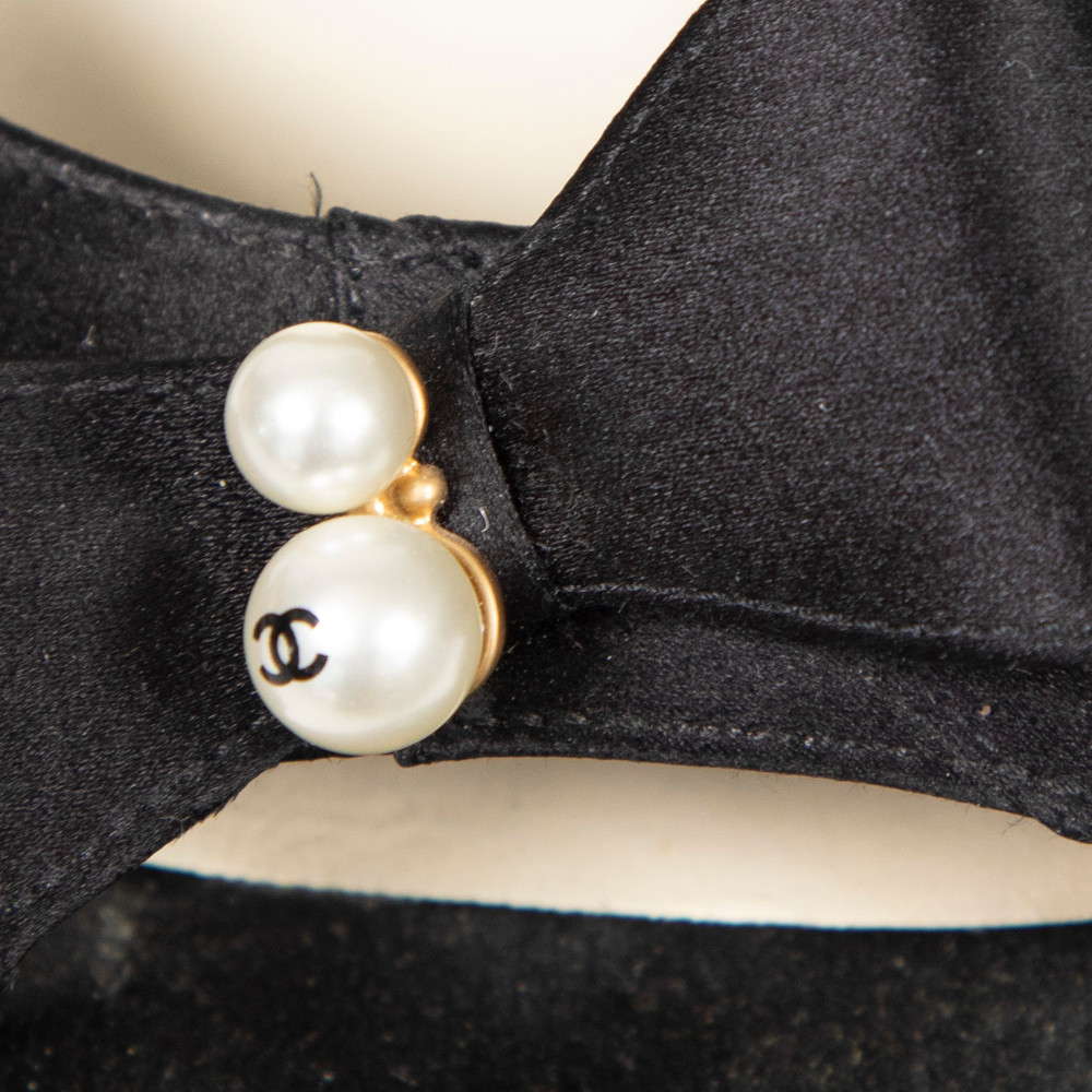 Chanel Black Satin Pearl Detail Heels