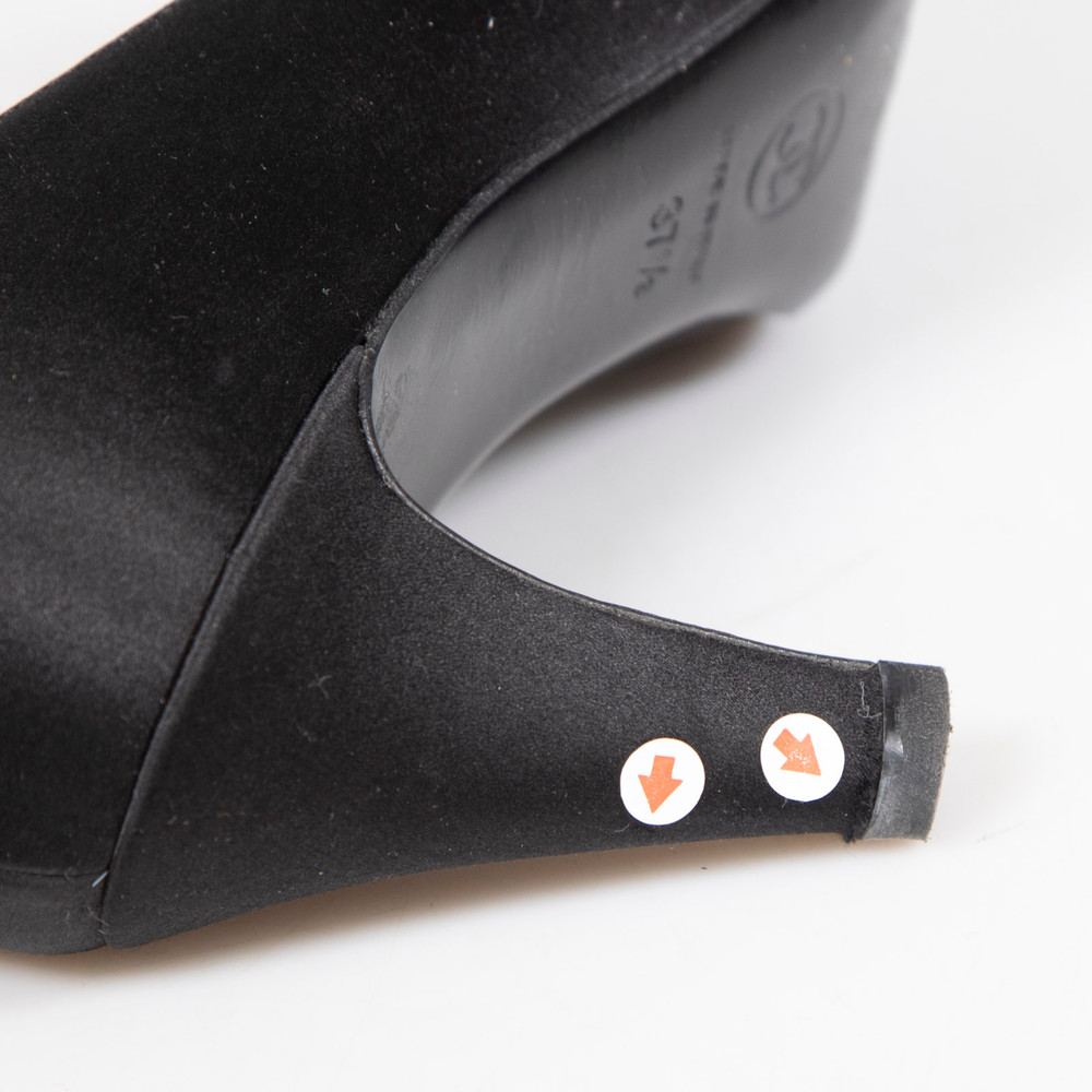 Chanel Black Satin Pearl Detail Heels