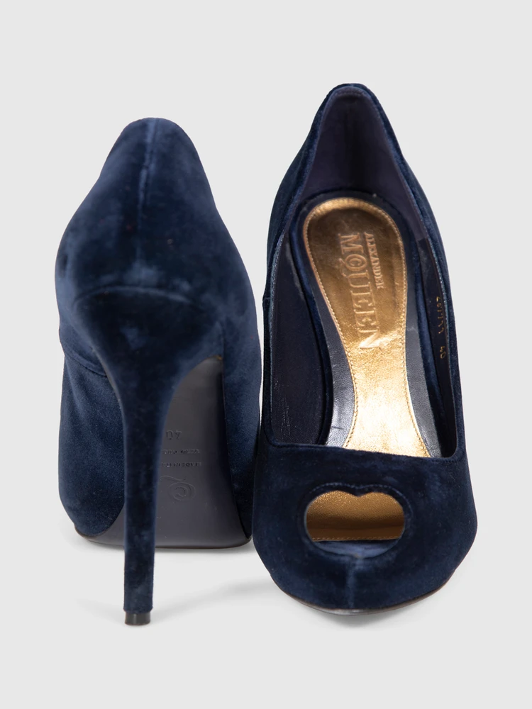 Alexander McQueen Navy Velvet Peep Toe Heels