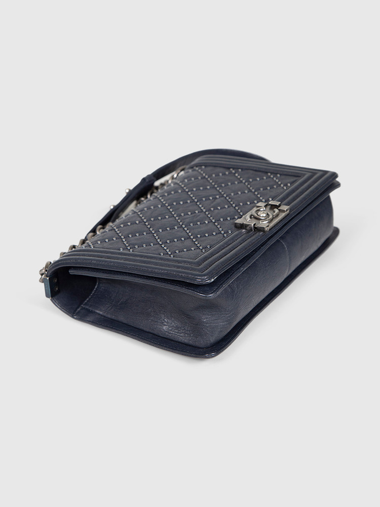 Chanel Vintage Navy Leather Studded Boy Bag