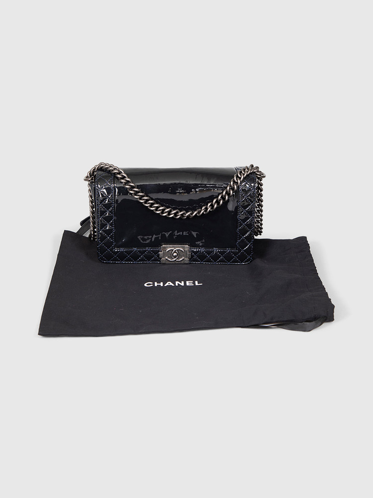 Chanel 2013-14 Black Patent Reverso Boy Bag