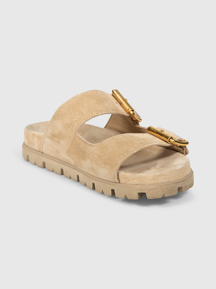 Prada Beige Suede Buckled Slides