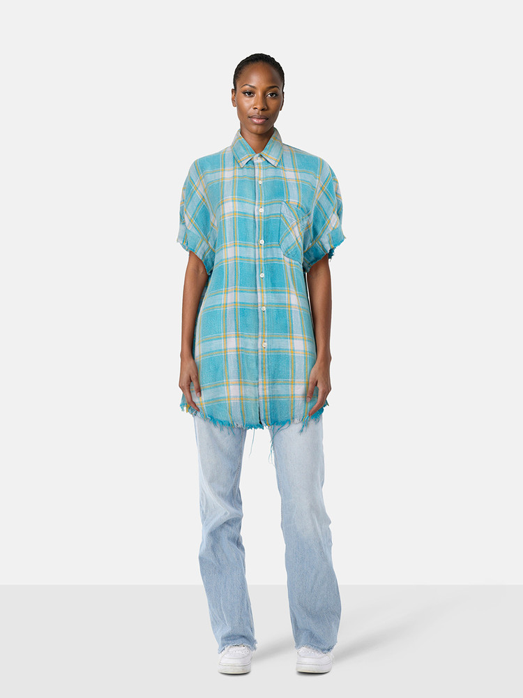 R13 Blue Tartan Distressed Flannel Shirt