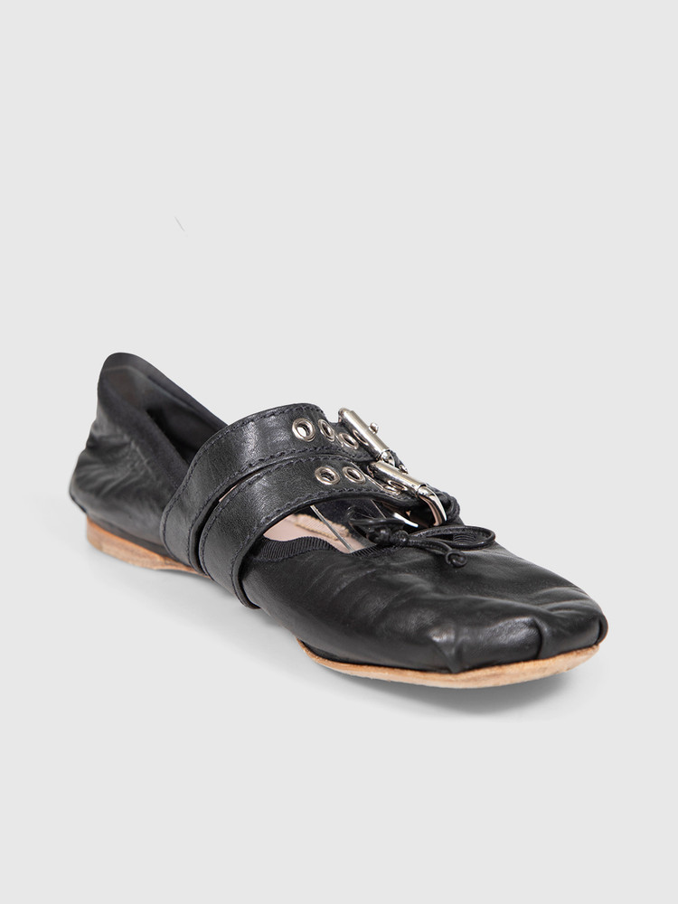 Miu Miu Black Leather Buckled Ballerina Shoes