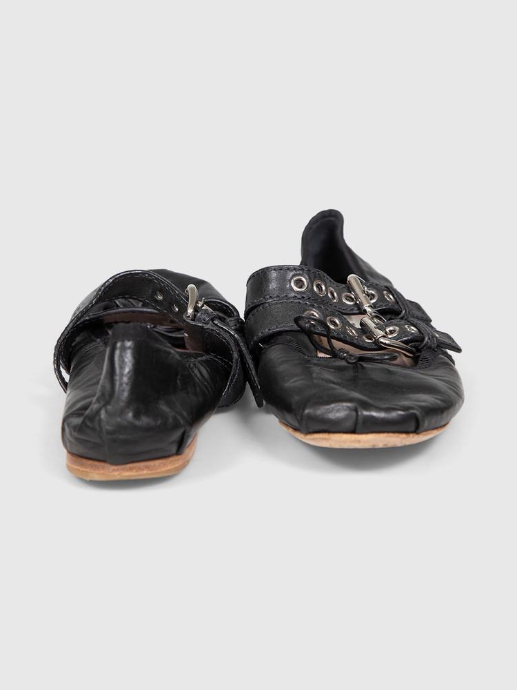 Miu Miu Black Leather Buckled Ballerina Shoes