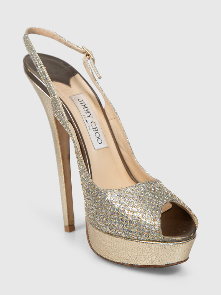 Jimmy Choo Silver Glitter & Gold Leather Heels