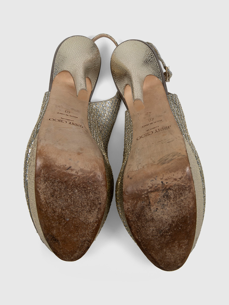 Jimmy Choo Silver Glitter & Gold Leather Heels