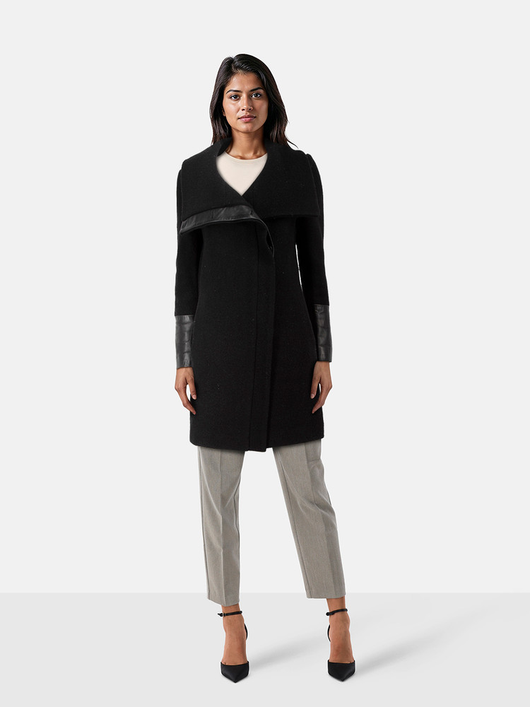 Club Monaco Black Wool & Lamb Leather Trim Coat