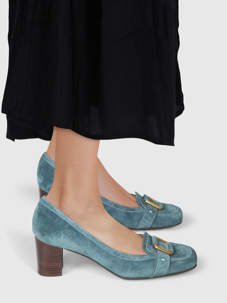 Salvatore Ferragamo Teal Suede Buckle Pumps