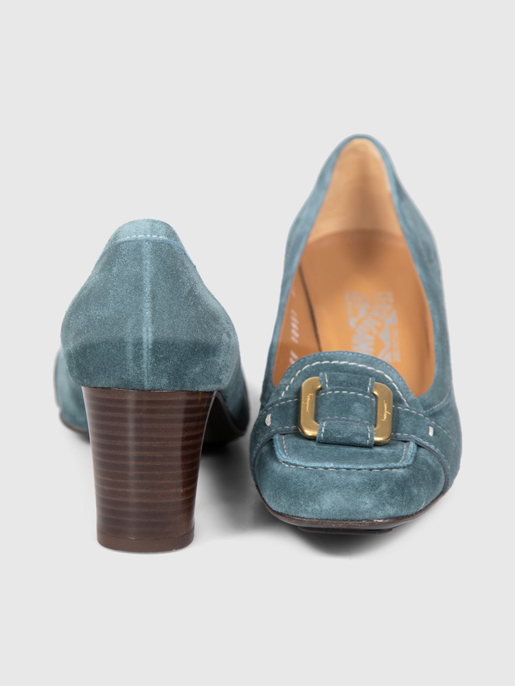 Salvatore Ferragamo Teal Suede Buckle Pumps