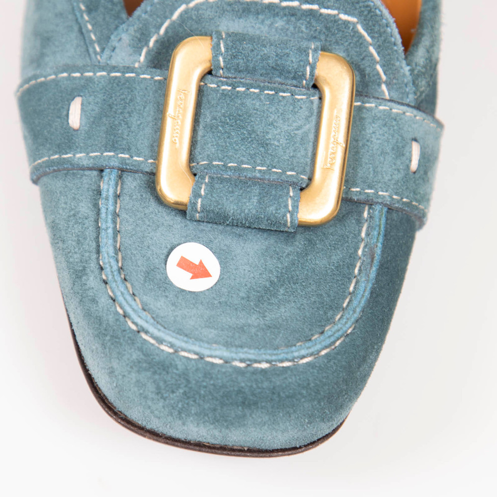 Salvatore Ferragamo Teal Suede Buckle Pumps